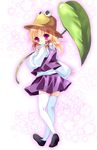  bad_id bad_pixiv_id blonde_hair child hat kosuzume leaf leaf_umbrella lily_pad moriya_suwako purple_eyes solo thighhighs touhou white_legwear zettai_ryouiki 