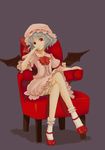  bat_wings bloomers blue_hair bow chair chin_rest crossed_legs dress frills full_body hat highres mary_janes open_mouth red_eyes remilia_scarlet shoes short_hair simple_background sitting solo touhou underwear wakatomo wings 