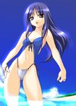  beach bikini blue_hair breasts day highres kurusugawa_ayaka long_hair midriff norizou_type-r ocean outdoors pulling ribbon side-tie_bikini small_breasts solo swimsuit to_heart 