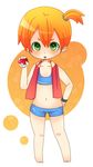  :o barefoot bikini blush chibi feet flat_chest flower full_body green_eyes hand_on_hip holding holding_poke_ball kasumi_(pokemon) navel open_mouth orange_hair poke_ball poke_ball_(generic) pokemon ponytail rariko short_hair shorts side_ponytail simple_background solo sports_bikini standing swimsuit tankini towel towel_around_neck white_background wristband 