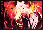  fire fujiwara_no_mokou hair_bow navel outstretched_hand red red_eyes silver_hair solo torn_clothes touhou very_long_hair wallpaper 