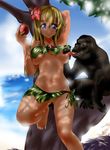  abubu animal ape apple bestiality blonde_hair bra bra_lift breast_feeding breast_grab breast_licking breast_slip breasts copyright_request dappled_sunlight eating food fruit grabbing holding holding_food holding_fruit large_breasts leaf_bikini licking lingerie monkey nipple_licking nipples one_breast_out pubic_hair solo sunlight underwear 