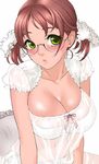  blush breasts brown_hair cleavage glasses green_eyes large_breasts lingerie lips lowres navel original short_twintails solo twintails underwear yonekura_kengo 
