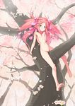  29_(artist) against_tree barefoot blue_eyes bow cherry_blossoms feet flat_chest flower hair_bow in_tree legs long_hair nude original outdoors pink_bow pink_hair quad_tails ribbon sitting sitting_in_tree solo tree 