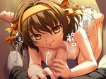  1girl brown_hair clothed_male_nude_female feet gipsy_underground handjob hetero nipples nude open_fly penis short_hair solo_focus suzumiya_haruhi suzumiya_haruhi_no_yuuutsu translated 