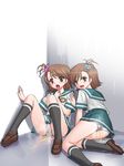  blush brown_hair futami_ami futami_mami idolmaster idolmaster_xenoglossia kneehighs multiple_girls panties pantyshot pee peeing peeing_self scared school_uniform siblings sisters socks tadano_akira twins underwear 