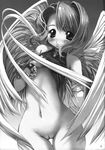  1girl bottomless copyright_request greyscale highres monochrome pussy solo togusa_masamu wings 