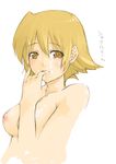  blonde_hair breasts brown_eyes brown_hair cum earrings facial finger_to_mouth jewelry looking_at_viewer lyrical_nanoha mahou_shoujo_lyrical_nanoha_strikers medium_breasts mochiya nipples nude pinky_out shamal short_hair solo upper_body 