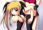  1girl arm_grab arm_held_back bent_over blonde_hair blush bottomless breasts cum doggystyle fate_testarossa fingerless_gloves gloves hanging_breasts hetero kuronezumi large_breasts long_hair lyrical_nanoha mahou_shoujo_lyrical_nanoha open_clothes open_shirt red_eyes sex shirt thighhighs twintails vaginal wince 