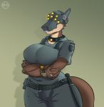  2018 android antennae anthro armor bald belt big_breasts big_butt big_lips big_thighs breast_squish breasts butt clothed clothing collar crossed_arms digital_media_(artwork) female gradient_background helmet horn kendra_(beyxer) lips machine multi_eye police_baton portrait rawgreen reptile robot scalie security security_guard simple_background solo tattoo thick_thighs three-quarter_portrait three-quarter_view tight_clothing trenco uniform utility_belt watch wide_hips 