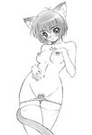  animal_ears cat_ears copyright_request cowboy_shot greyscale himadarou monochrome nipples nude panties panty_pull solo thighhighs underwear 