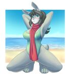  absurd_res anthro articaartes barefoot beach blush breasts crouching day feet female green_eyes green_hair green_one-piece_swimsuit hair hand_behind_head hi_res lagomorph leporid looking_up mammal outside rabbit red_scarf sand scarf seaside smile solo water 