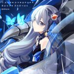  1girl 2019 bare_shoulders black_gloves blue_butterfly breasts bronya_zaychik bronya_zaychik_(herrscher_of_reason) bug butterfly cen_(cenll) character_name closed_mouth dress drill_hair earrings elbow_gloves gloves grey_eyes grey_hair hair_ornament happy_birthday honkai_(series) honkai_impact_3rd jewelry long_hair looking_at_viewer project_bunny sleeveless sleeveless_dress small_breasts solo twin_drills white_dress 