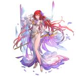  1girl bangs blue_eyes breasts breasts_apart choker dress elbow_gloves floating_hair flower full_body gloves godsworn_alexiel granblue_fantasy hair_flower hair_ornament hand_up high_heels holding holding_sword holding_weapon long_dress long_hair looking_at_viewer medium_breasts official_alternate_costume official_art petals red_hair reflection shawl sleeveless sleeveless_dress smile solo standing sword teeth weapon white_dress white_footwear white_gloves 
