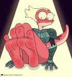  2_toes 4_fingers amphibia_(series) amphibian anthro armor blonde_hair blush disney feet female fingers foot_fetish general_yunan hair hi_res long_tail looking_down mrchasecomix newt patreon pink_body pink_skin salamander_(amphibian) short_hair toes 