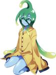  1girl ahoge artist_request bad_source bangs blue_skin blue_slime blush colored_skin full_body green_eyes green_hair hair_between_eyes long_hair lowres monster_girl monster_musume_no_iru_nichijou monster_musume_no_iru_nichijou_online official_art rain_boots raincoat slime_girl smile solo suu_(monster_musume) tentacle_hair transparent_background very_long_hair 