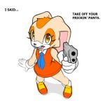  1:1 anthro biped clothed clothing cream_the_rabbit dialogue digital_media_(artwork) english_text female fur gun hair handgun holding_object holding_weapon lagomorph leporid looking_at_viewer mammal pistol rabbit ranged_weapon sega simple_background smile solo sonic_the_hedgehog_(series) standing text tongue video_games weapon white_background xylas young 
