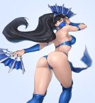  1girl ass bangs bare_shoulders black_eyes black_hair blue_background blue_footwear boots breasts commentary dual_wielding earrings hand_fan haori highleg highres holding holding_weapon japanese_clothes jewelry kitana long_hair looking_at_viewer looking_back mask medium_breasts mortal_kombat mortal_kombat_9 mouth_mask ninja_mask ozkh pelvic_curtain shiny shiny_hair shiny_skin simple_background solo thigh_boots thighhighs thighs tiara vambraces weapon 