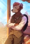  2022 anthro brown_hair clothed clothing day detailed_background digital_media_(artwork) fingers fumiko hair hi_res male outside sky solo species_request 