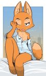  absurd_res anthro bed biped canid canine city city_background clothed clothing diane_foxington dreamworks eyelashes female fox furniture hi_res looking_at_viewer mammal on_bed one_eye_closed orange_body shirt sitting solo solo_focus the_bad_guys theartmanor topwear 