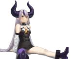  1girl absurdres ascot bare_legs belt black_dress blurry blush breasts closed_mouth demon_horns detached_sleeves dress grey_hair highres hololive horns la+_darknesss long_hair multicolored_hair multiple_belts o-ring o-ring_belt pointy_ears purple_hair purple_legwear shoes simple_background single_leg_pantyhose sitting small_breasts solo very_long_hair virtual_youtuber white_background yamada_no_orochi yellow_ascot yellow_eyes 