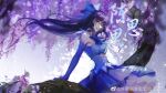  1girl bare_shoulders blue_dress bug butterfly chen_sisi_(ye_luoli) dark dress flower gloves highres long_hair mouth ribbon sitting smile solo teeth upper_body white_sky wisteria ye_luoli ye_luoli_chen_sisi_tongren_zhuye 