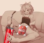  1girl ahoge animal_ear_fluff animal_ears bangs bare_shoulders barefoot bottomless breasts camisole can cat_ears cat_girl censored cleavage coca-cola collarbone company_name couch eyebrows_visible_through_hair feet hair_between_eyes highres hood hoodie legs_up long_sleeves medium_hair monochrome navel novelty_censor nyatasha_nyanners on_couch open_clothes open_hoodie open_mouth out_of_frame pillow pink_hair pompmaker1 sepia sexually_suggestive simulated_footjob sitting small_breasts soda_bottle soda_can solo_focus spread_legs suggestive_fluid sweat toes virtual_youtuber vshojo wet 