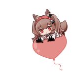  1girl :o angelina_(arknights) animal_ears arknights balloon black_gloves blush brown_hair chibi earpiece fox_ears fox_girl fox_tail gloves hairband heart_balloon highres jacket long_hair lxjun_09 open_clothes open_jacket open_mouth red_eyes red_hairband simple_background solo striped striped_hairband tail twintails white_background white_jacket 