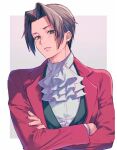  1boy ace_attorney ascot black_eyes black_hair crossed_arms hair_intakes jacket long_sleeves looking_at_viewer male_focus miles_edgeworth nekoyashiki_pushio parted_lips red_jacket short_hair solo upper_body white_ascot 