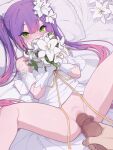  1boy 1girl bangs bare_shoulders blush bouquet breasts dress elbow_gloves erection flower gloves green_eyes hair_flower hair_ornament hetero highres hololive imminent_penetration imminent_vaginal just_the_tip kakure_eria long_hair looking_at_viewer lying no_panties on_back penis purple_hair pussy small_breasts spread_legs thighs tokoyami_towa twintails wedding_dress white_dress white_gloves 