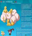  1boy artist_name broken_egg character_name character_profile character_sheet egg egg_(food) egg_yolk eggshell english_commentary english_text exeggcute hat_feather highres kinkymation monster_girl multiple_girls personification poke_ball poke_ball_(basic) pokemon purple_hair slime_(substance) 