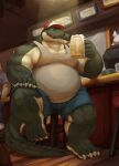  alligator alligatorid anthro bar beer_mug belly big_belly bottomwear cinna-tree claws clothed clothing crocodilian fully_clothed furniture green_body green_scales inside looking_at_viewer male musclegut muscular muscular_anthro muscular_male overweight overweight_anthro overweight_male reptile scales scalie shirt shorts sitting smile solo stool tank_top topwear trucker trucker_hat 