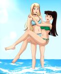  2girls bangs barbie_movies bare_arms bare_legs beach bikini black_hair blonde_hair blush breasts brown_eyes carrying choker cleavage commentary commission couple delancey english_commentary green_eyes hand_on_another&#039;s_thigh happy holding_person in_water jewelry lifting_person medium_breasts mole multicolored_hair multiple_girls my_scene_(franchise) my_scene_jammin_in_jamaica navel necklace nolee ocean ponytail princess_carry red_hair red_lips riouku streaked_hair swimsuit wading yuri 