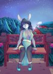  2021 anthro articaartes choker clothing detailed_background female footwear forest grass green_eyes hi_res jewelry lagomorph leporid looking_up mammal moon necklace night outside plant rabbit road shoes sitting_on_bench smile solo star tree 