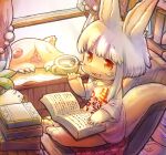  2others :3 alternate_costume animal animal_ears book book_on_lap bookshelf brown_fur chair clothes_writing commentary_request commission cup curtains english_commentary eyebrows_visible_through_hair furry grey_hair highres holding holding_paintbrush made_in_abyss mitty_(made_in_abyss) mixed-language_commentary mug multiple_others multiple_sources naked_shirt nanachi_(made_in_abyss) neritantan on_chair one-eyed open_book open_mouth open_window other_focus oversized_clothes oversized_shirt paintbrush pixiv_request plant potted_plant shirt short_hair_with_long_locks short_sleeves single_bare_shoulder sitting smile t-shirt tail thick_eyebrows toro_astro translation_request whiskers window windowsill 