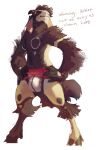  anthro bovid bulge caprine clothed clothing eyes_closed eyrich goat hands_on_hips hi_res hooves horn jockstrap_only male mammal pose simple_background skimpy solo standing text white_background 
