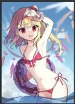  1girl :d bangs bikini black_border blonde_hair blue_sky border breasts buoy chisiro_unya_(unya_draw) cleavage cloud cowboy_shot crystal eyebrows_visible_through_hair flandre_scarlet hand_up looking_at_viewer medium_hair navel one_side_up open_mouth partially_submerged pointy_ears red_bikini red_eyes sky small_breasts smile solo standing sun swimsuit touhou wings wrist_cuffs 