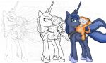  arms_out black_pupils blue_eyes colored crossover cutie_mark domestic_cat duo equid equine felid feline felis female friendship_is_magic hasbro horn horse line_art long_tail mammal my_little_pony neckerchief orange_body pony poppy_cat poppy_cat_(series) princess_luna_(mlp) pupils purple_body riding riding_on_back shadowkross sketch watermark whiskers winged_unicorn wings 