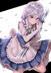 1girl absurdres apron back_bow backlighting between_fingers blue_skirt blue_vest bow braid breasts closed_mouth commentary_request cowboy_shot eyebrows_visible_through_hair frilled_apron frilled_skirt frills green_ribbon grey_hair head_tilt highres holding holding_knife izayoi_sakuya knife knives_between_fingers looking_at_viewer maboroshi_mochi maid_headdress medium_hair neck_ribbon puffy_short_sleeves puffy_sleeves red_eyes ribbon shiny shiny_hair shirt short_sleeves skirt small_breasts smile solo touhou twin_braids v-shaped_eyebrows vest waist_apron white_apron white_bow white_shirt 