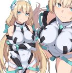  1girl angela_balzac bangs bare_shoulders blonde_hair blue_eyes blush breasts covered_navel elbow_gloves gloves headgear highleg highleg_leotard large_breasts leotard long_hair looking_at_viewer low_twintails multiple_views neon_trim rakuen_tsuihou shiseki_hirame thigh_strap twintails very_long_hair white_leotard 