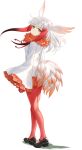  1girl animal_costume animal_ear_fluff animal_ears back closed_mouth full_body game_cg japanese_crested_ibis_(kemono_friends) kemono_friends kemono_friends_kingdom legs long_hair looking_at_viewer multicolored_hair neck_ribbon official_art pantyhose red_legwear ribbon shirt shoes simple_background skirt solo standing tachi-e tail white_background 