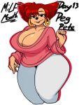  2022 5_fingers alpha_channel anthro big_breasts black_nose bottomwear breasts canid canine canis cleavage clothed clothing curvy_figure disney domestic_dog ear_piercing ear_ring english_text female fingers goof_troop hair hi_res hoop_ear_ring jyto lipstick looking_at_viewer makeup mammal mature_female pants peg_pete piercing red_hair shirt short_hair solo standing text thick_thighs topwear voluptuous wide_hips 