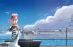  1girl ahoge bangs battleship bird black_gloves black_legwear black_skirt blue_eyes blue_sky closed_mouth cloud collared_shirt full_body gloves highres horizon jokanhiyou kongou_(battleship) long_hair looking_to_the_side military military_vehicle necktie ocean orange_necktie original outdoors personification pink_hair ship shirt skirt sky sleeveless smile solo striped striped_legwear thighhighs twintails warship watercraft white_legwear white_shirt 