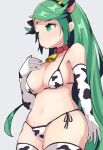  1girl animal_print bangs bell bikini breasts circlet cleavage closed_mouth cow_horns cow_print detached_sleeves fake_horns from_side gem green_eyes green_hair grey_background hairband hand_on_own_chest highres horns jewelry kid_icarus kitami_tsuzuka large_breasts long_hair looking_down navel neck_bell palutena print_bikini simple_background skindentation smile solo stomach swept_bangs swimsuit thighhighs thighs 