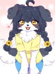  &lt;3 2022 3:4 4_fingers accessory ahoge anthro black_hair black_nose blush border_collie bottomwear braided_hair canid canine canis clothing collie cute_fangs daww domestic_dog fangs female fingers floppy_ears flower flower_in_hair fluffy fur grey_hair hair hair_accessory herding_dog hi_res kemono koto0v0haru kotorita leaning leaning_forward looking_at_viewer mammal multicolored_body multicolored_fur multicolored_tail neck_tuft open_mouth open_smile pastoral_dog pigtails plant portrait sheepdog shirt shorts smile smiling_at_viewer solo t-shirt tail_motion tailwag teeth three-quarter_portrait tongue topwear tuft two_tone_body two_tone_fur two_tone_tail white_body white_fur yellow_eyes 