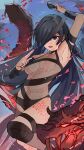 1girl absurdres anmochi_mochi arm_strap bangs bare_shoulders black_hair body_markings breasts collarbone eyepatch fate/grand_order fate_(series) fishnets highres long_hair medium_breasts mochizuki_chiyome_(fate) purple_eyes revealing_clothes snake_tattoo tattoo thigh_strap thighs underboob very_long_hair 