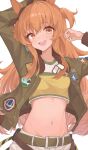  1girl :d animal_ears arm_behind_head arms_up badge bangs belt belt_buckle black_ribbon blush breasts brown_eyes buckle button_badge cowboy_shot crop_top ear_ribbon eyebrows_visible_through_hair green_jacket highres horse_ears jacket jewelry kinakomochi_(kinako0312) long_hair long_sleeves looking_at_viewer mayano_top_gun_(umamusume) midriff navel necklace open_clothes open_jacket open_mouth orange_hair ribbon small_breasts smile solo stomach two_side_up umamusume 