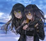  arms_around_neck bangs black_gloves black_jacket blue_sky clenched_hand cloud cloudy_sky crossed_bangs day eyebrows_visible_through_hair fingerless_gloves girls&#039;_frontline gloves green_eyes grey_hair griffin_&amp;_kryuger griffin_&amp;_kryuger_military_uniform hair_ornament head_tilt hood hooded_jacket hug hug_from_behind jacket long_hair looking_at_another open_mouth outdoors ponytail shirt side_ponytail silence_girl sky smile tactical_clothes teeth ump40_(girls&#039;_frontline) ump45_(girls&#039;_frontline) white_shirt yellow_eyes 