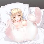  1girl absurdres bad-old-driver bangs blonde_hair blush breasts feet flower genshin_impact hair_flower hair_ornament highres large_breasts looking_at_viewer lumine_(genshin_impact) lying nipples on_back orange_eyes pantyhose parted_lips pillow see-through short_hair_with_long_locks solo sweat topless white_flower white_legwear 