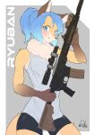  2021 4_fingers absurd_res anthro ayabemiso blue_hair blush bottomwear bue_eyes canid canine clothing female fingerpads fingers fox fur gun hair hi_res holding_gun holding_object holding_rifle holding_weapon looking_at_viewer mammal pawpads ranged_weapon shirt shorts simple_background smile solo tan_body tan_fur topwear weapon 